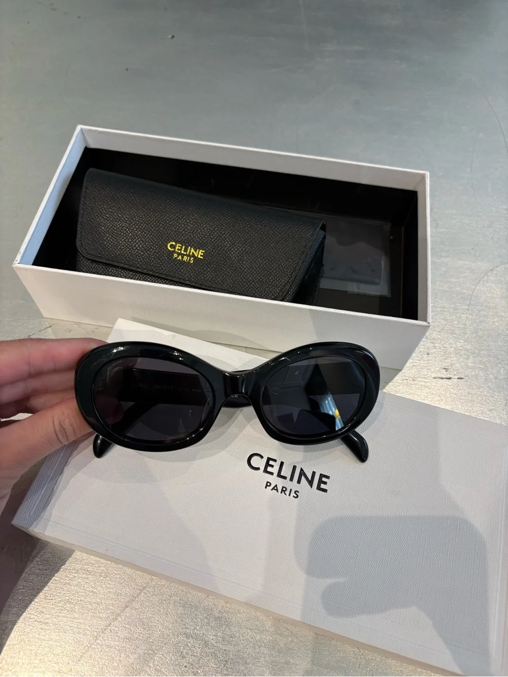 Celine Eyewear Triomphe 01 Oval Sunglasses Black With Gold Logo Unisex